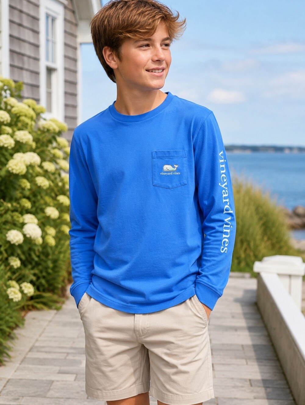 Vineyard Vines Boys Blue Long Sleeve Pocket Tee Whale Shirt Size Large 16